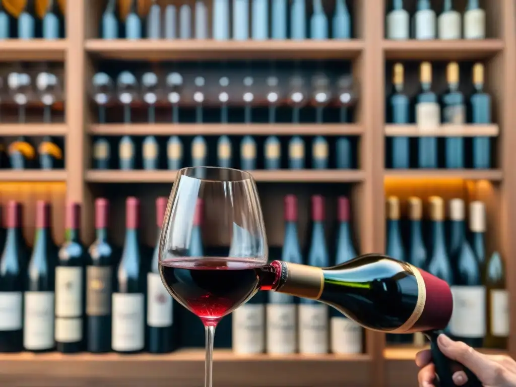 Un sommelier vierte con elegancia un vino tinto francés en una copa cristalina, rodeado de botellas de vinos tintos franceses recomendados