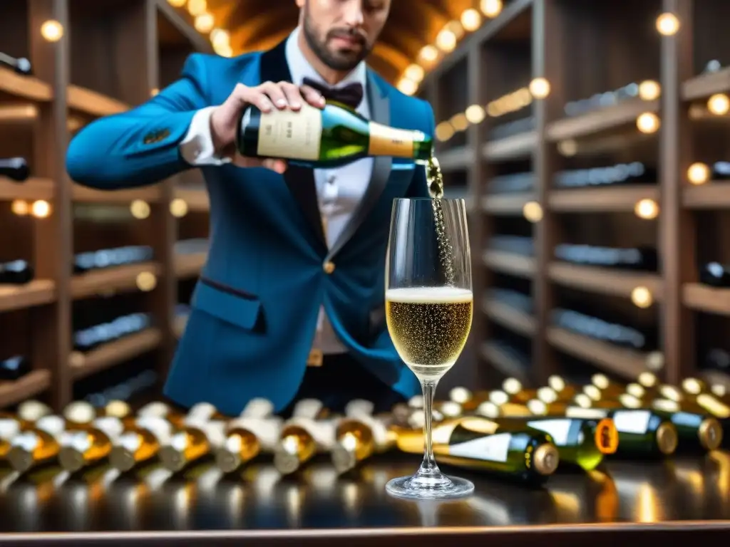 Un sommelier vierte elegante champagne en una copa de cristal en una bodega iluminada, mostrando burbujas doradas