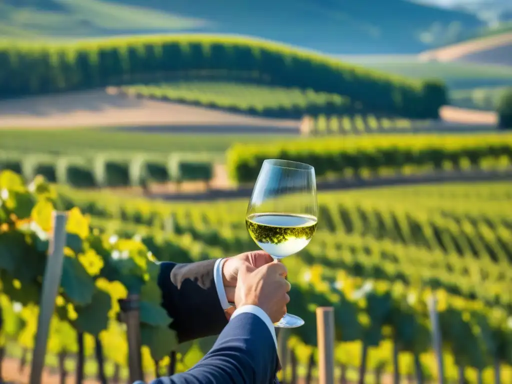 Un sommelier francés vierte elegante vino blanco del Valle del Loira en una copa, con viñedos verdes y cielo azul