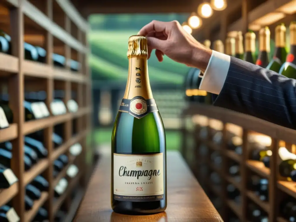 Un sommelier examina detalladamente la etiqueta de una botella de Champagne en una bodega elegante