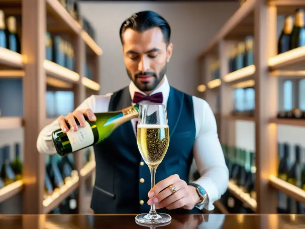 Un sommelier vierte exclusivo champagne francés en copa de cristal, destacando burbujas efervescentes