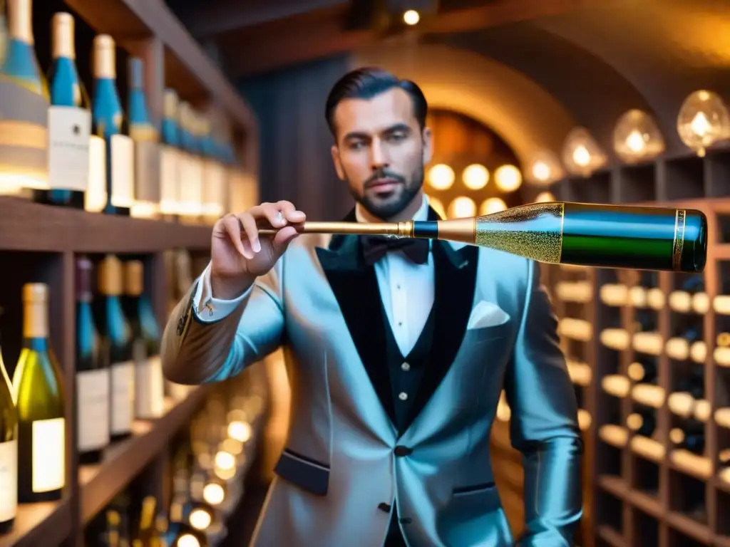 Un sommelier experto sirviendo Champagne en una bodega elegante