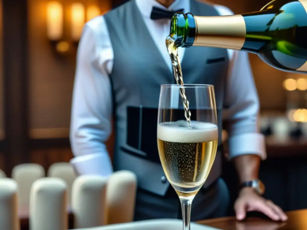 Un sommelier experto sirve champagne en una copa elegante, creando una escena lujosa y refinada