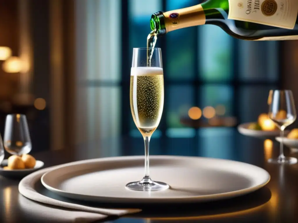 Un sommelier experto vierte con maestría champagne en una copa de cristal, revelando los secretos del Champagne francés en un elegante restaurante