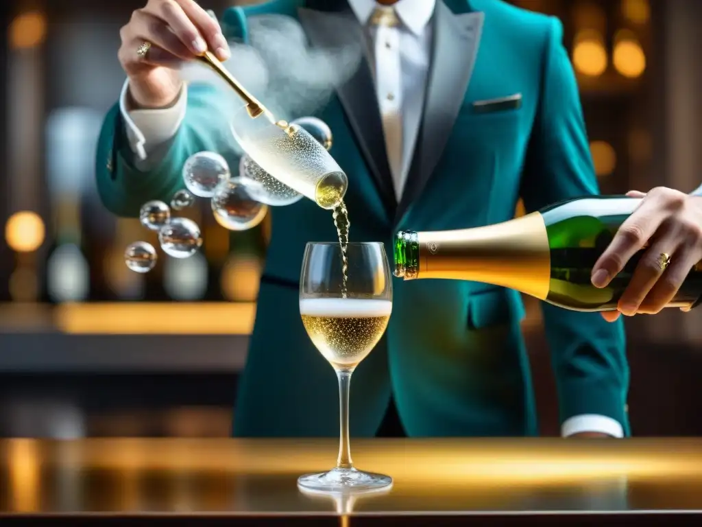 Un sommelier experto sirve champagne en una copa de cristal, con burbujas efervescentes y elegancia