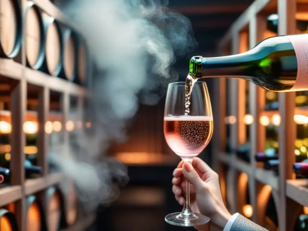 Un sommelier experto sirviendo Champagne Rosé delicado, capturando burbujas y tono rosa, en una bodega romántica