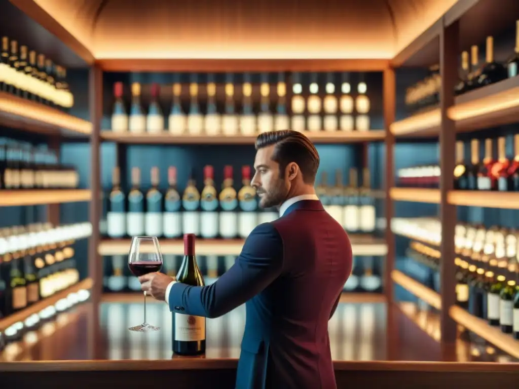 Un sommelier experto vierte vino tinto en una copa, con estantes de salsas francesas de fondo