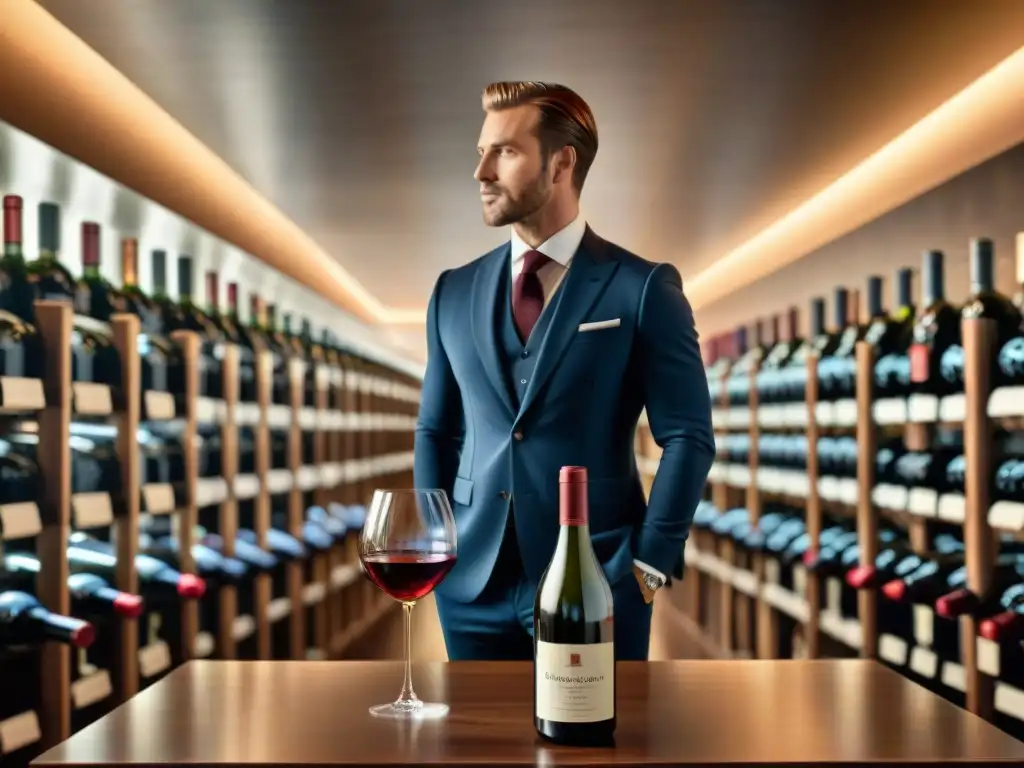 Un sommelier experto disfruta de la degustación de vinos franceses en una elegante bodega