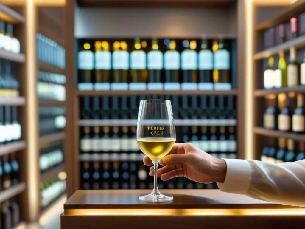 Un sommelier experto remueve un Viognier dorado, mostrando las elegantes botellas de vinos blancos franceses variedades en el fondo