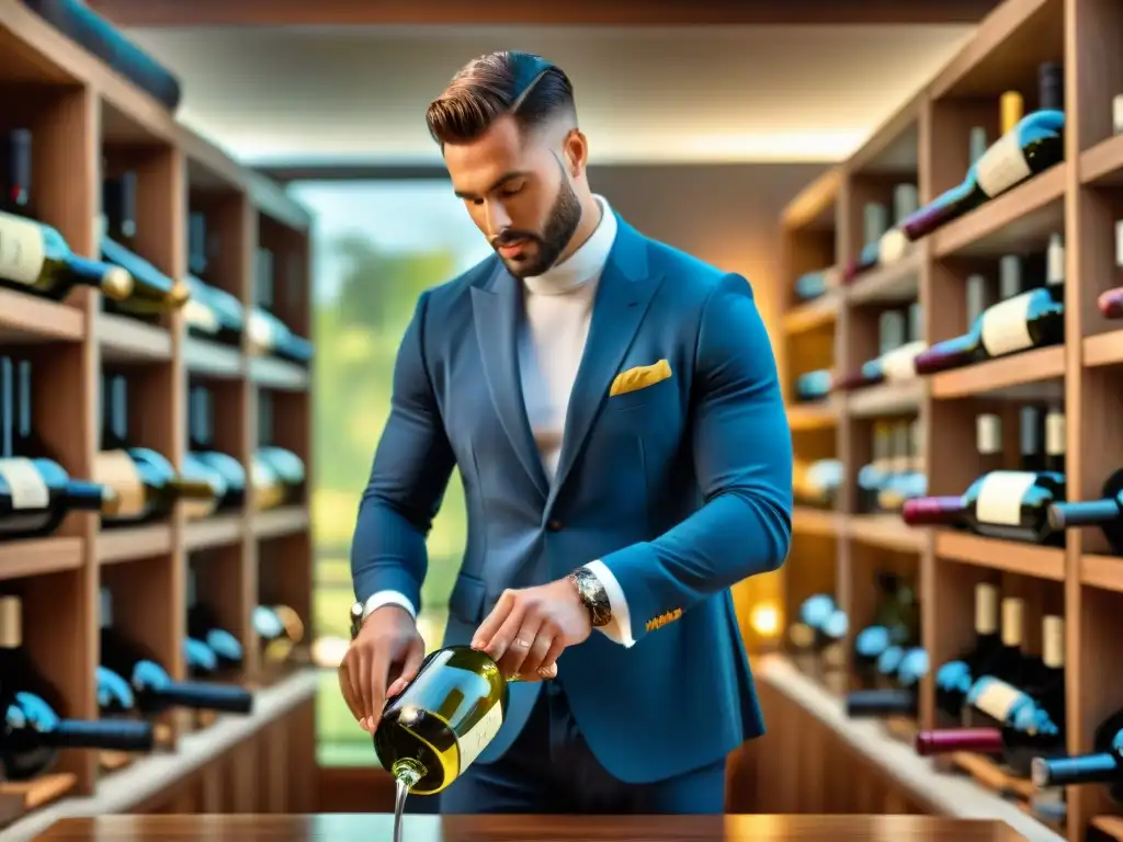 Un sommelier experto sirviendo con elegancia un Chardonnay dorado, rodeado de vinos blancos franceses: diversidad gastronómica