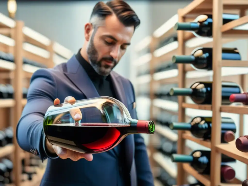 Un sommelier experto sirviendo con elegancia un vino tinto francés inusual en copa de cristal