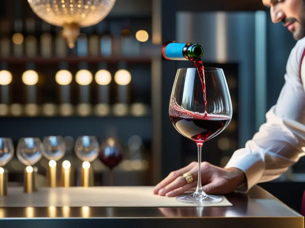 Un sommelier experto sirve un elegante vino Burdeos en un restaurante francés