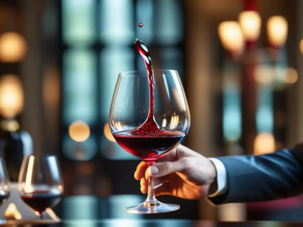 Un sommelier experto remueve un exquisito vino tinto francés, mostrando la transformación en la gastronomía vinícola