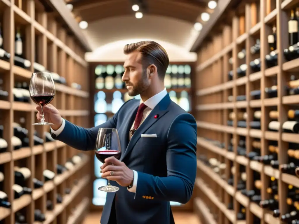 Un sommelier experto remueve elegantemente vino francés en una bodega sofisticada