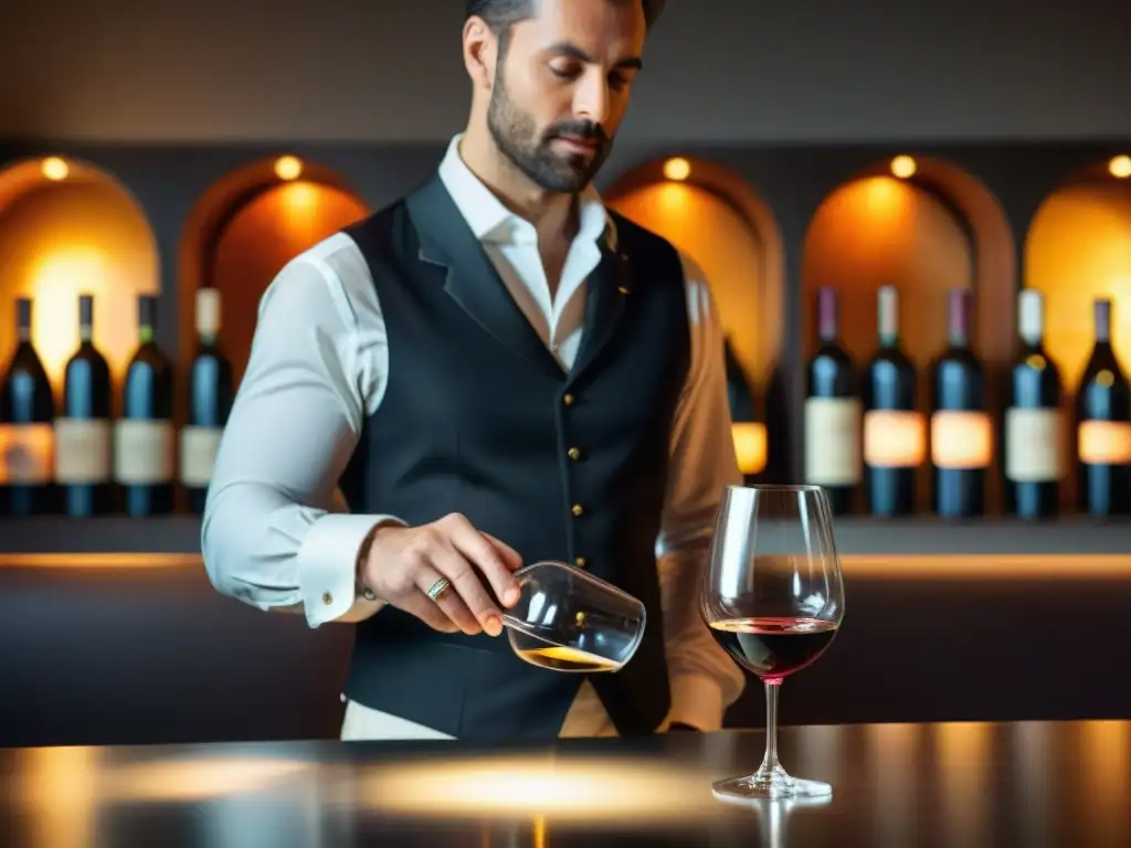 Un sommelier francés experto en maridajes perfectos en gastronomía francesa, sirviendo vino con elegancia en un restaurante de alta cocina