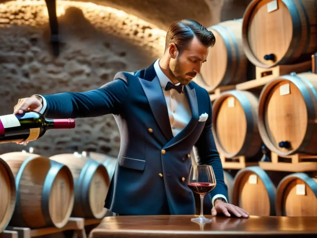 Un sommelier francés experto en la psicología del gusto, remueve elegantemente un vino tinto en una bodega sofisticada