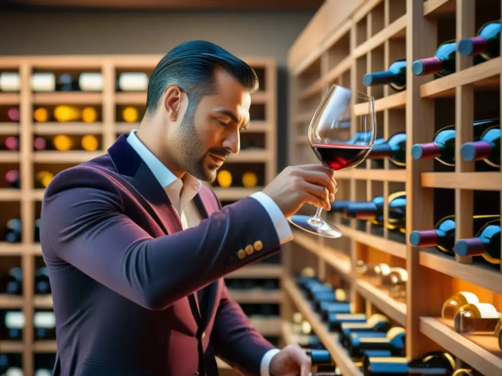 Un sommelier experto sirviendo un rico y elegante vino Bordeaux en una copa de cristal, en una bodega de vinos franceses