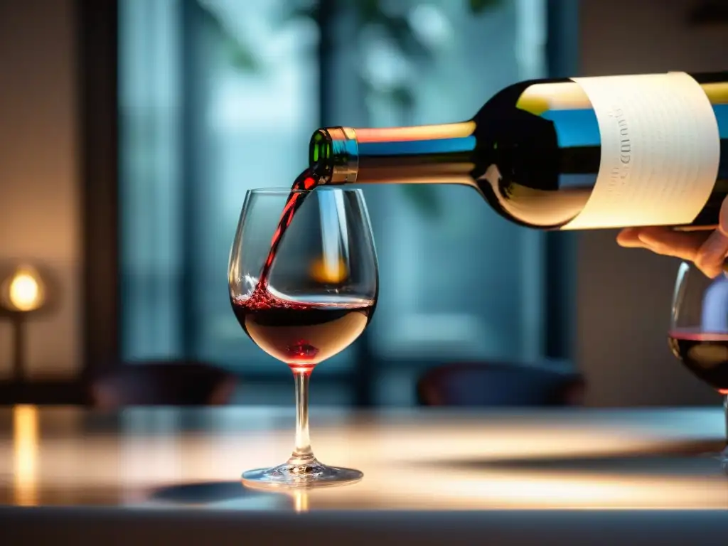 Un sommelier experto sirviendo un rico vino tinto francés en una copa de cristal, destacando la complejidad y profundidad del vino