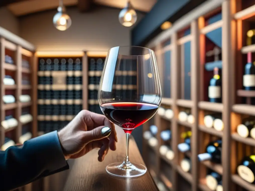 Un sommelier experto en técnicas de cata de vinos franceses remueve elegantemente un Châteauneuf-du-Pape carmesí en una bodega lujosa y misteriosa