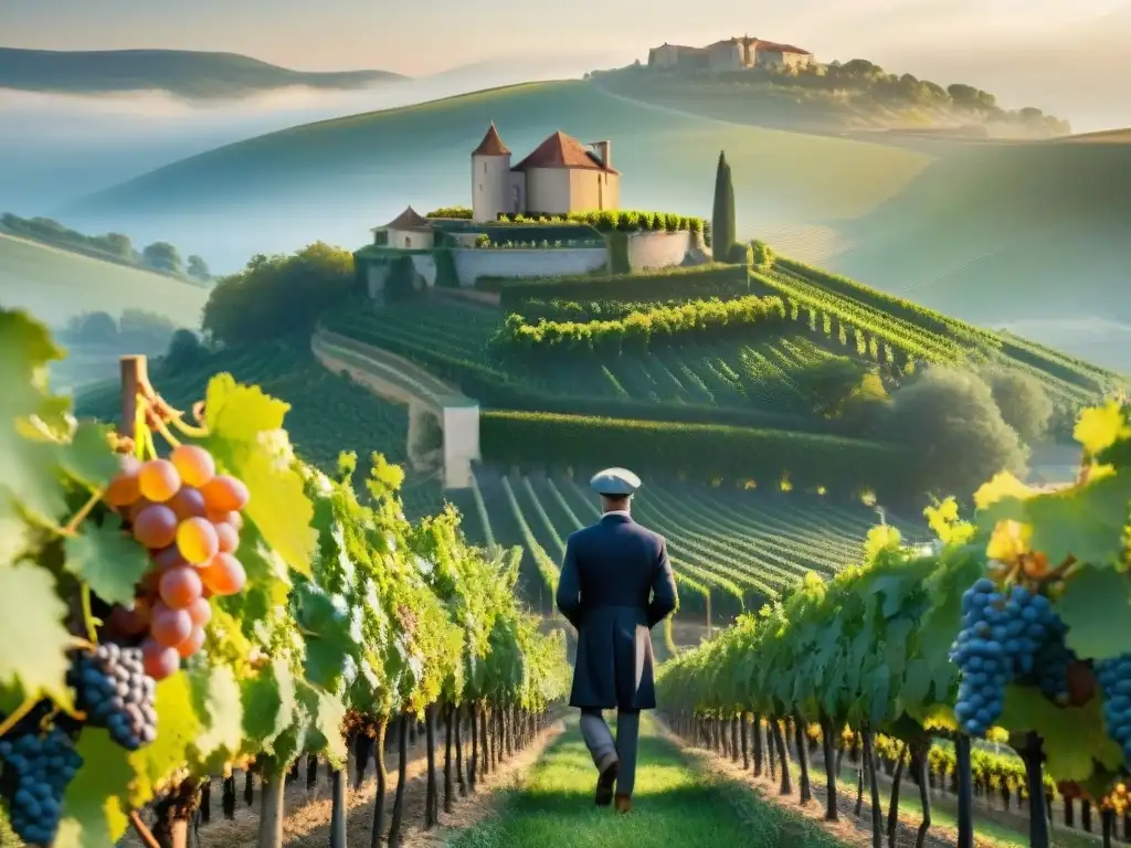 Un sommelier experto inspecciona uvas en viñedo francés, con un château al amanecer