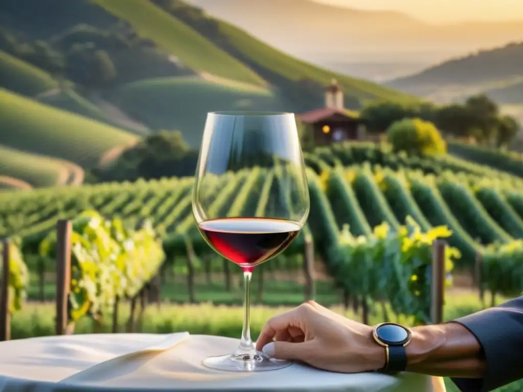 Un sommelier experto sirve vino Reunión en viñedo al atardecer