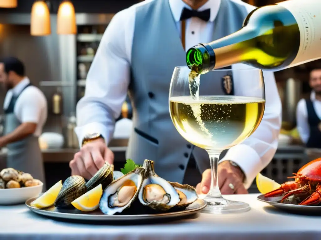 Un sommelier experto sirviendo vino blanco francés en un mercado de mariscos, mostrando maridaje vinos blancos franceses