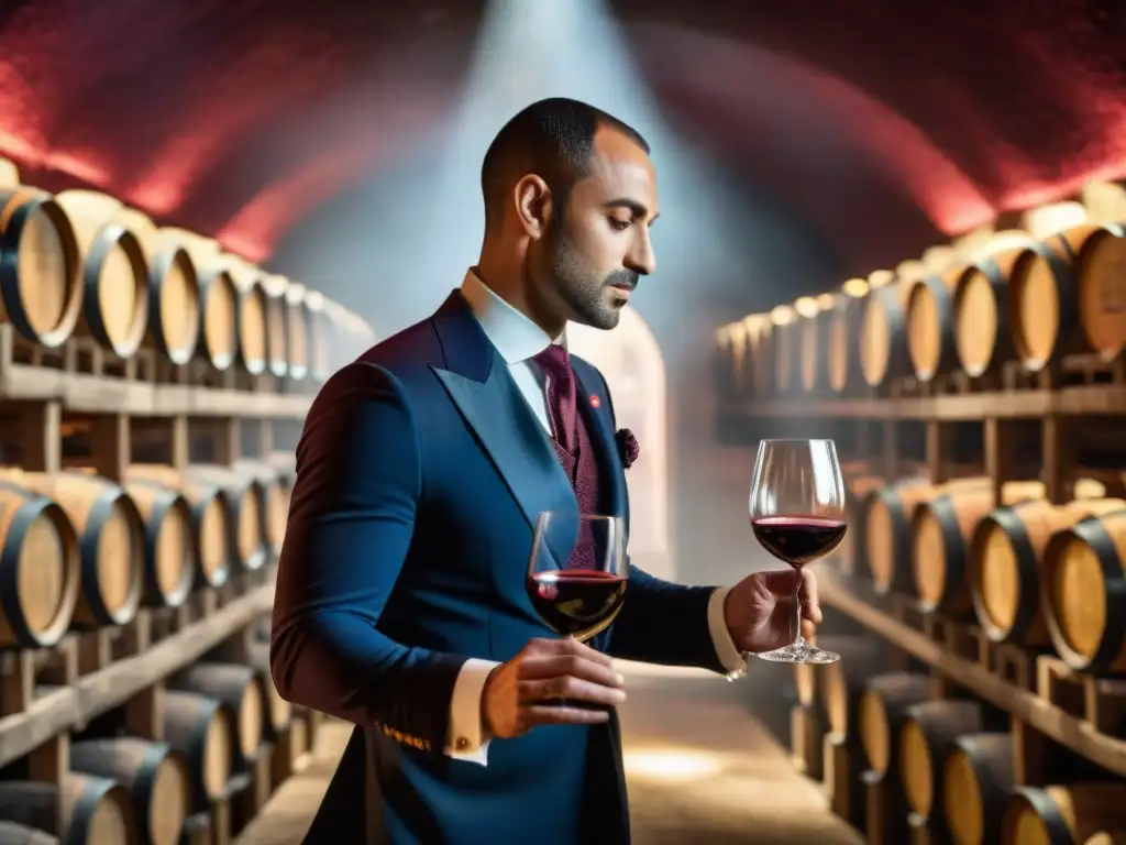 Un sommelier experto disfruta de un vino Bordeaux en una bodega histórica