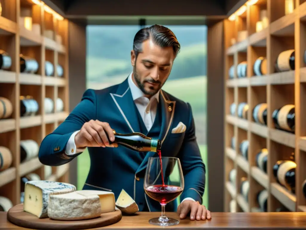 Un sommelier experto sirviendo vino Bordeaux en copa de cristal, rodeado de quesos franceses en una bodega rústica