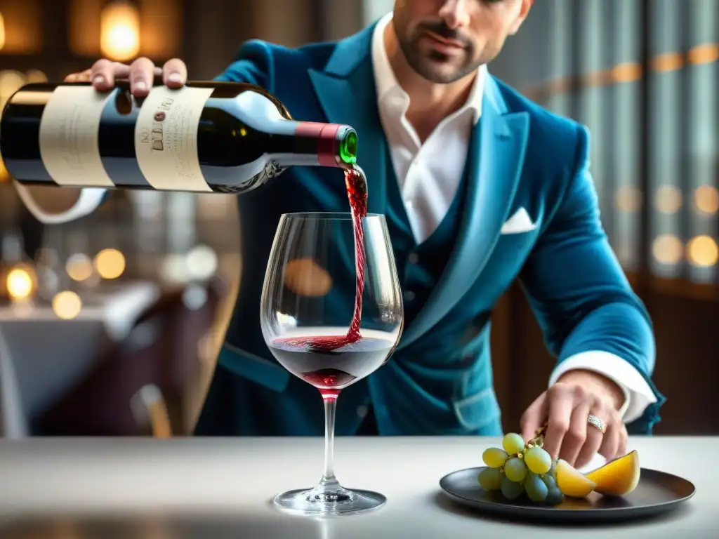 Un sommelier experto sirviendo vino en un elegante restaurante parisino, destacando maridaje innovador gastronomía francesa