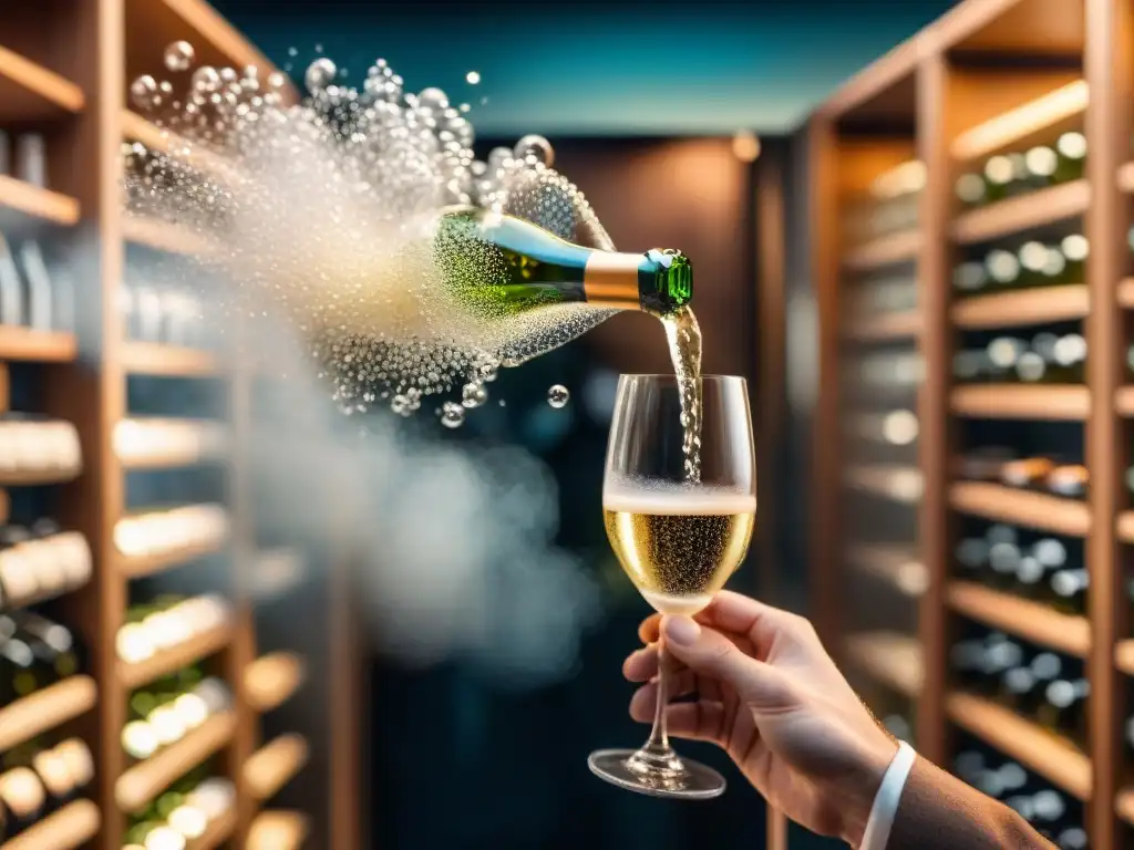 Un sommelier experto sirviendo vino espumoso en copa, con burbujas efervescentes y estantes llenos de botellas de Marcas de Champagne alternativas