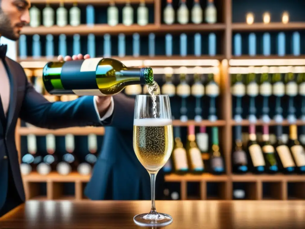 Un sommelier experto sirviendo vino espumoso en copa de cristal, con burbujas efervescentes, rodeado de botellas de marcas de Champagne alternativas