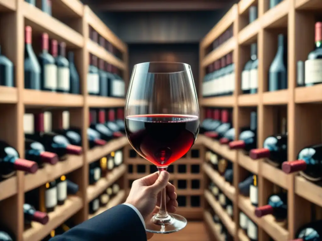 Un sommelier experto remolinea un vino tinto francés, mostrando sus taninos y estructura en una elegante bodega