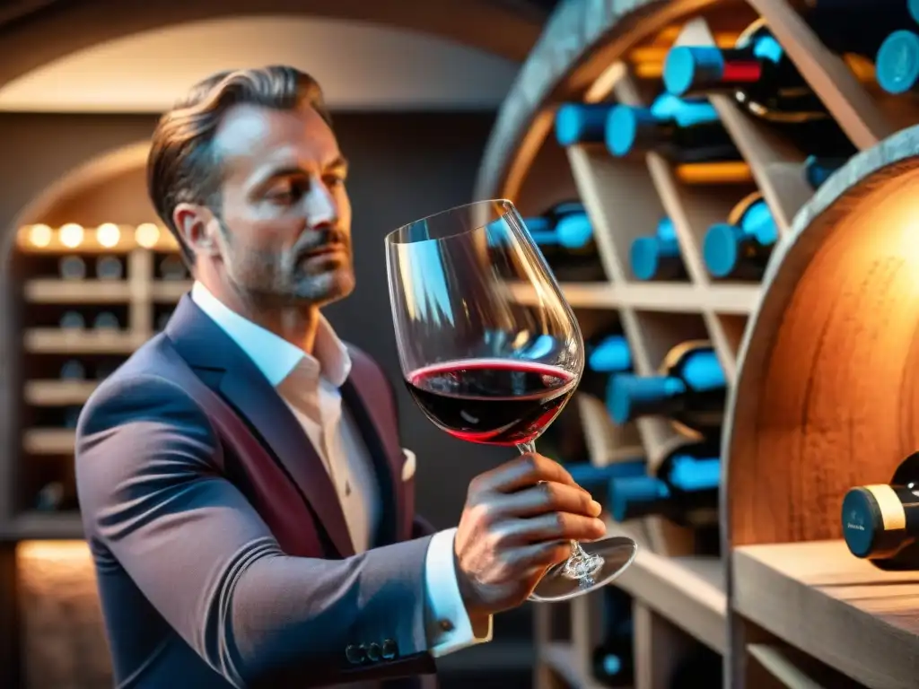 Un sommelier experto disfruta un vino tinto francés, creando una atmósfera de degustación sensorial en una elegante bodega