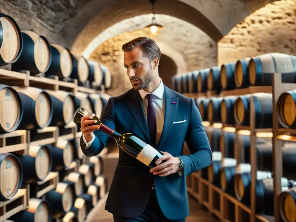 Un sommelier experto sirviendo vino francés en bodega elegante