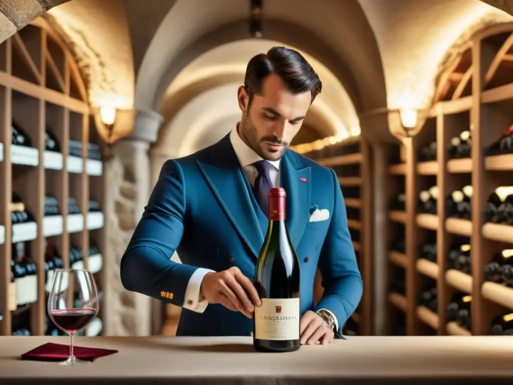 Un sommelier experto sirviendo vino francés en una elegante bodega de un château en Francia