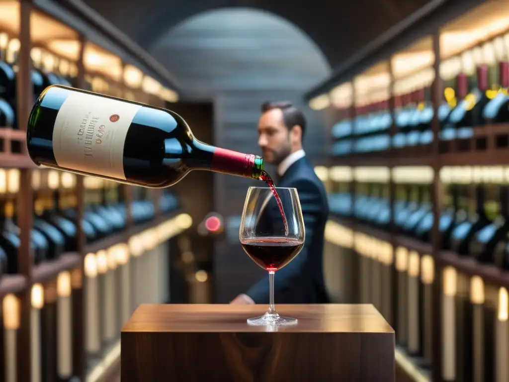 Un sommelier experto sirviendo vino tinto francés en una elegante copa en una bodega de lujo