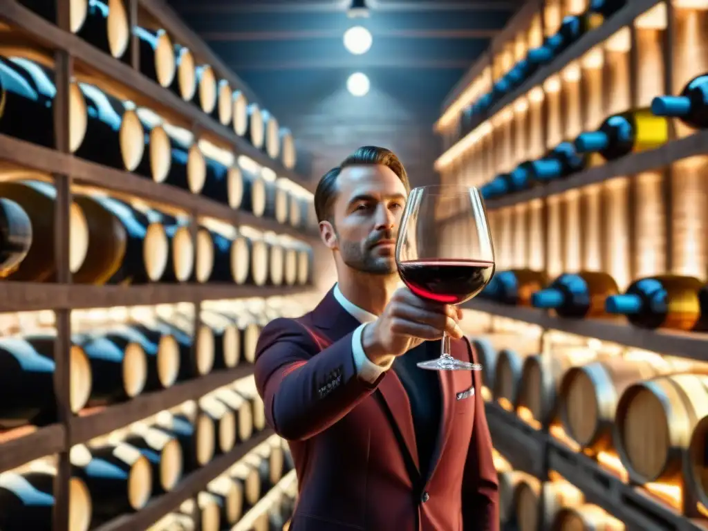 Un sommelier experto agita un vino tinto francés en bodega elegante, destacando la riqueza y textura