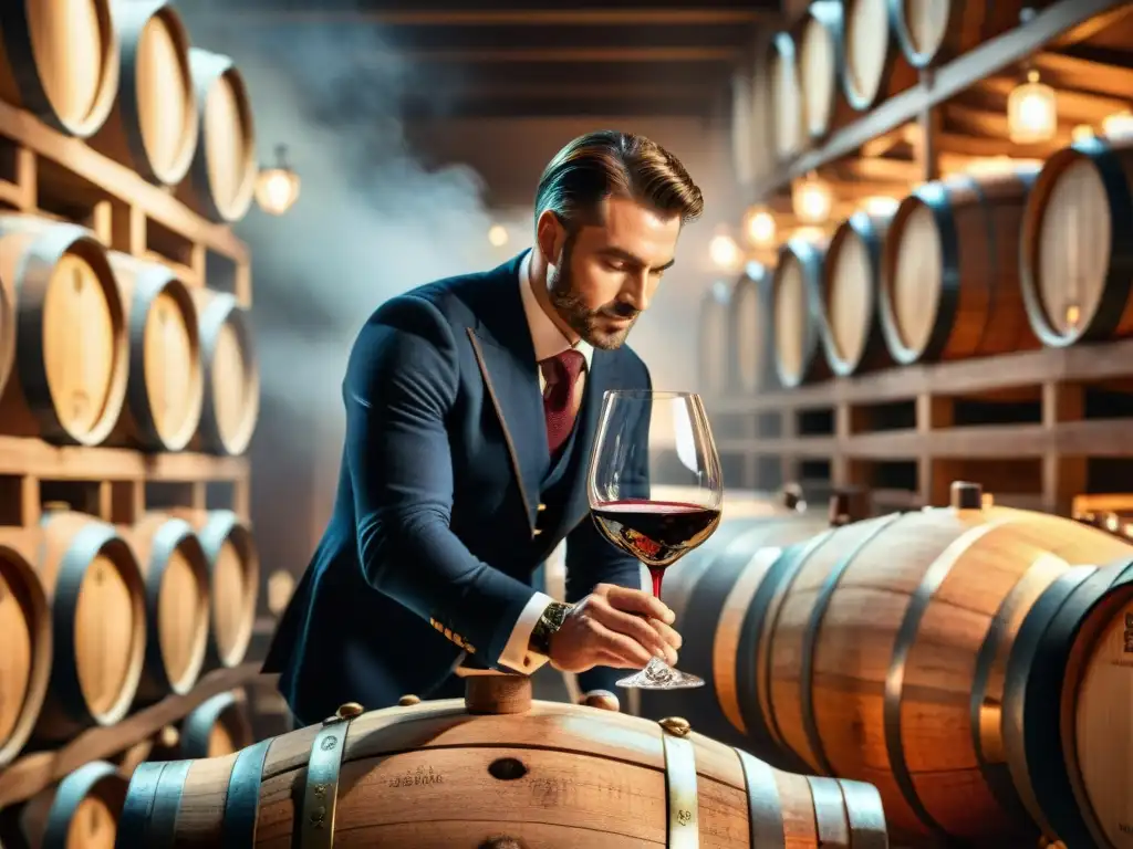 Un sommelier experto vierte un vino tinto francés en una copa de cristal, resaltando su textura y colores vibrantes en una bodega tradicional