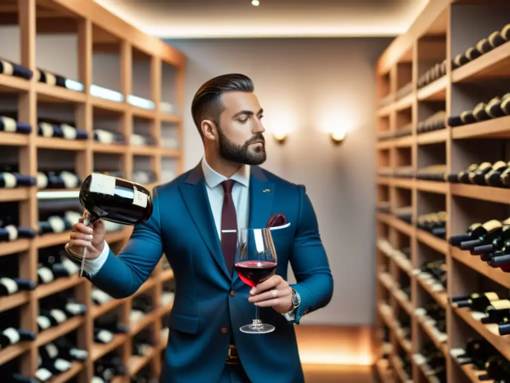 Un sommelier experto evaluando el vino Galos en una sala sofisticada