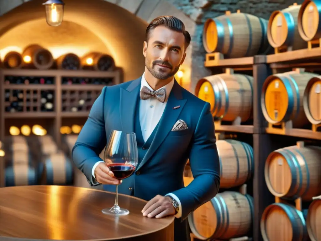 Un sommelier experto sirviendo vino de Reunión en copa de cristal en bodega elegante