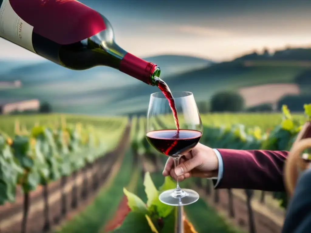 Sommelier experto disfrutando un vino tinto de Borgoña en bodega Un sommelier experto remueve elegantemente un vino tinto Borgoña, destacando su riqueza y elegancia