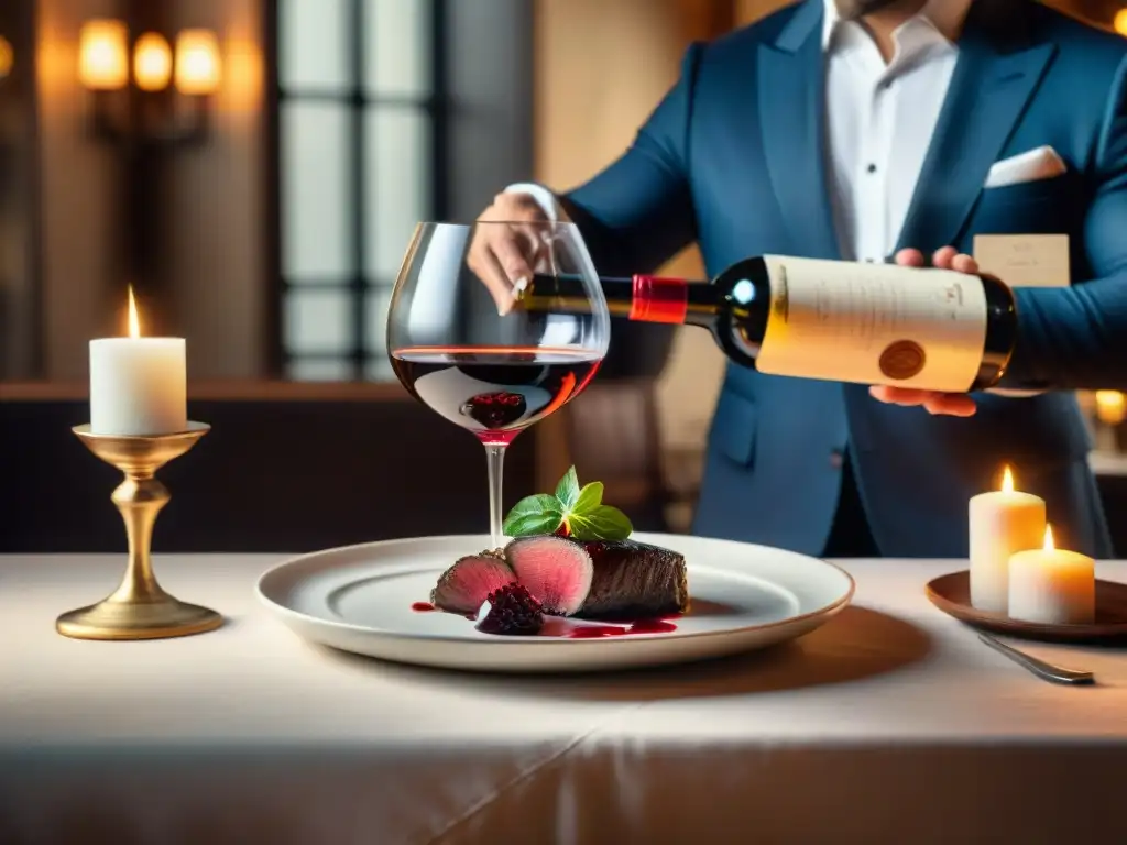 Un sommelier experto sirviendo vino Bordeaux rojo en un elegante restaurante francés, con maridajes de alta cocina