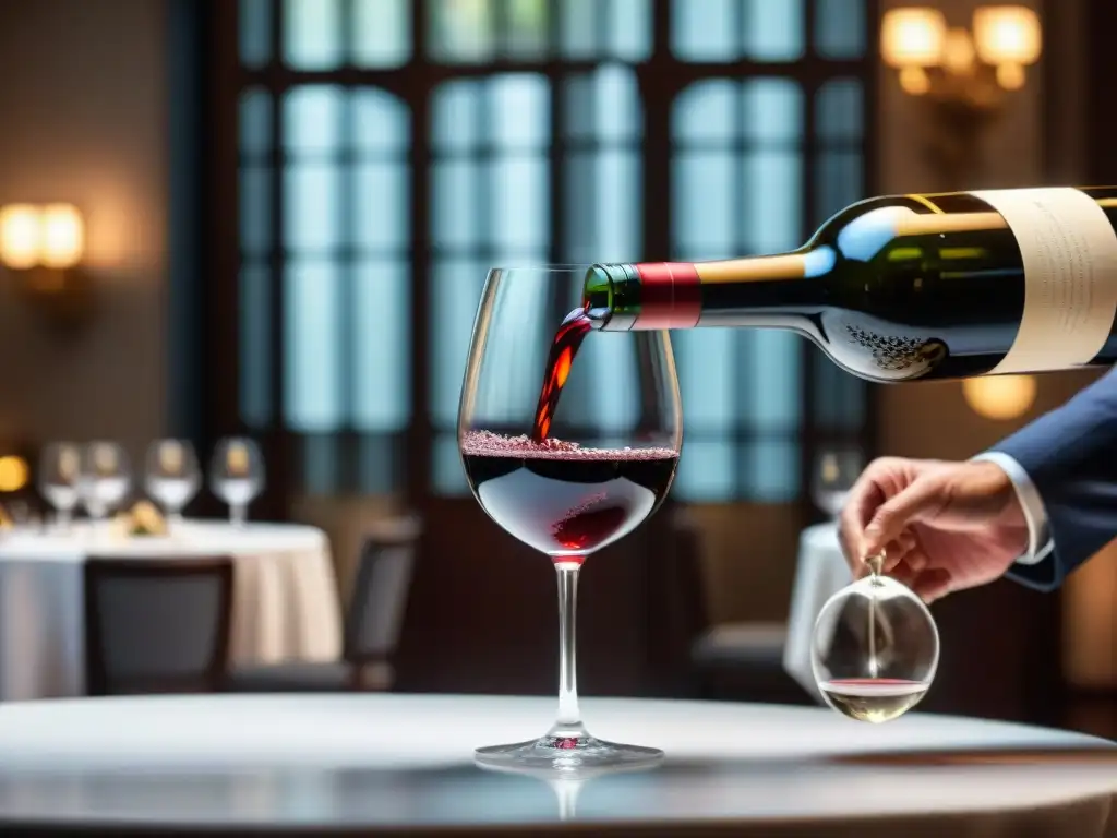 Un sommelier experto vierte un vino tinto en copa de cristal en un elegante restaurante francés