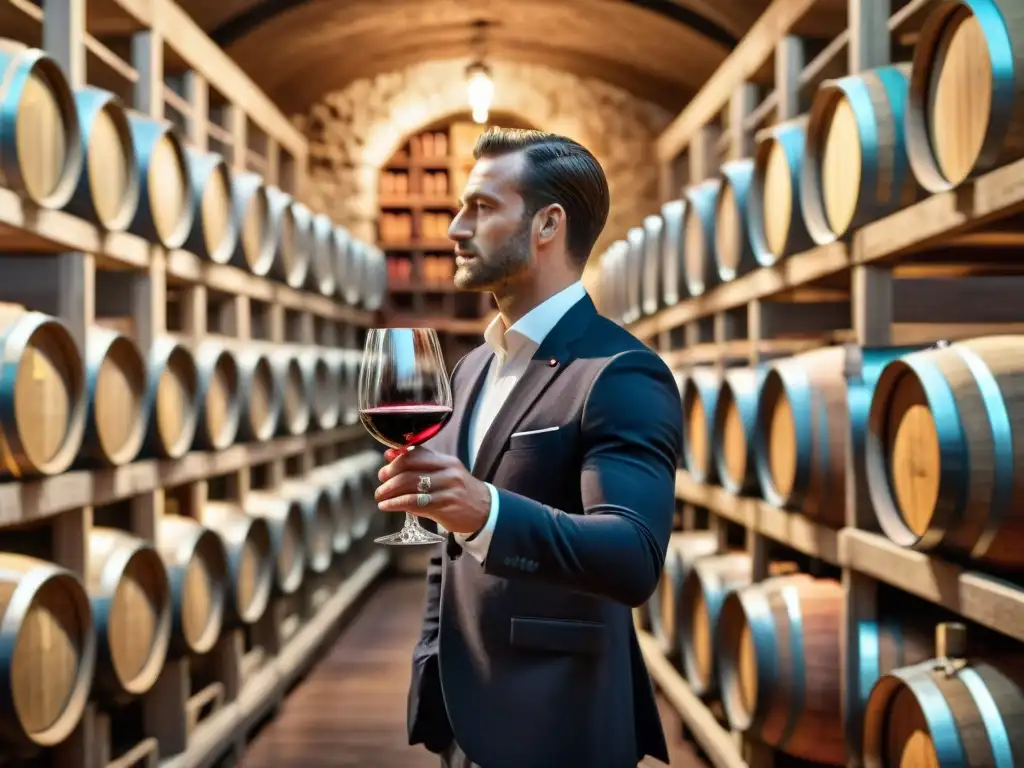 Un sommelier experto remueve un vino tinto en una bodega francesa