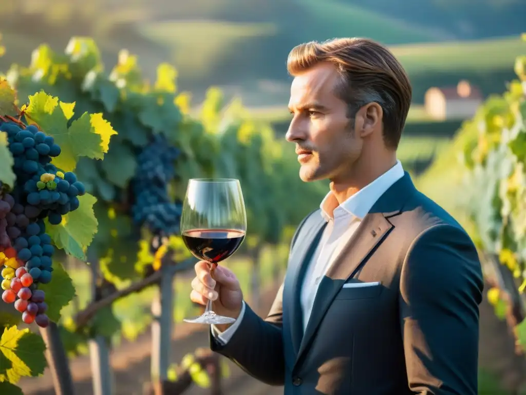 Un sommelier experto cata un vino tinto en un viñedo francés, transmitiendo sabiduría y concentración