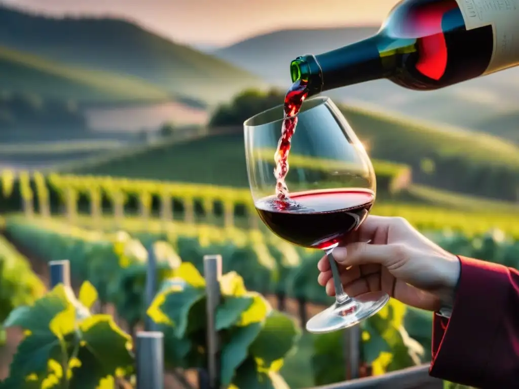 Un sommelier experto remueve un vino tinto Borgoña, entre viñedos al atardecer