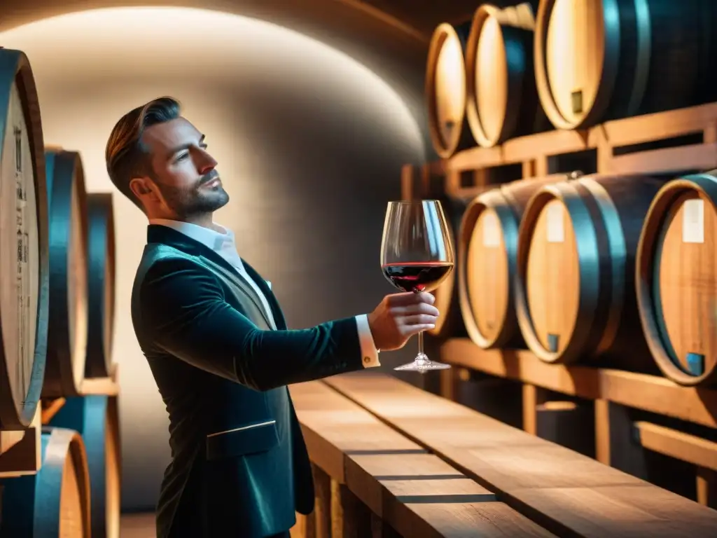 Un sommelier experto en vinos tintos franceses boutique remueve elegantemente una copa de vino en una bodega tradicional