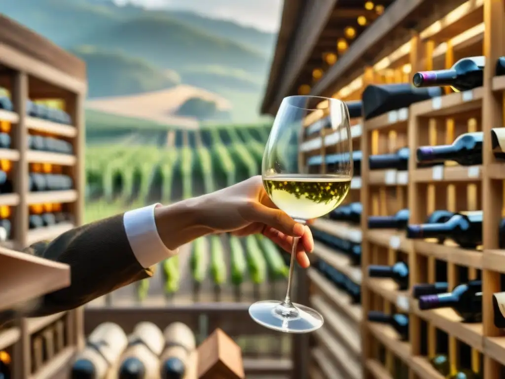 Un sommelier vierte con maestría un exquisito vino blanco francés de una prestigiosa bodega, resaltando su tono dorado y textura