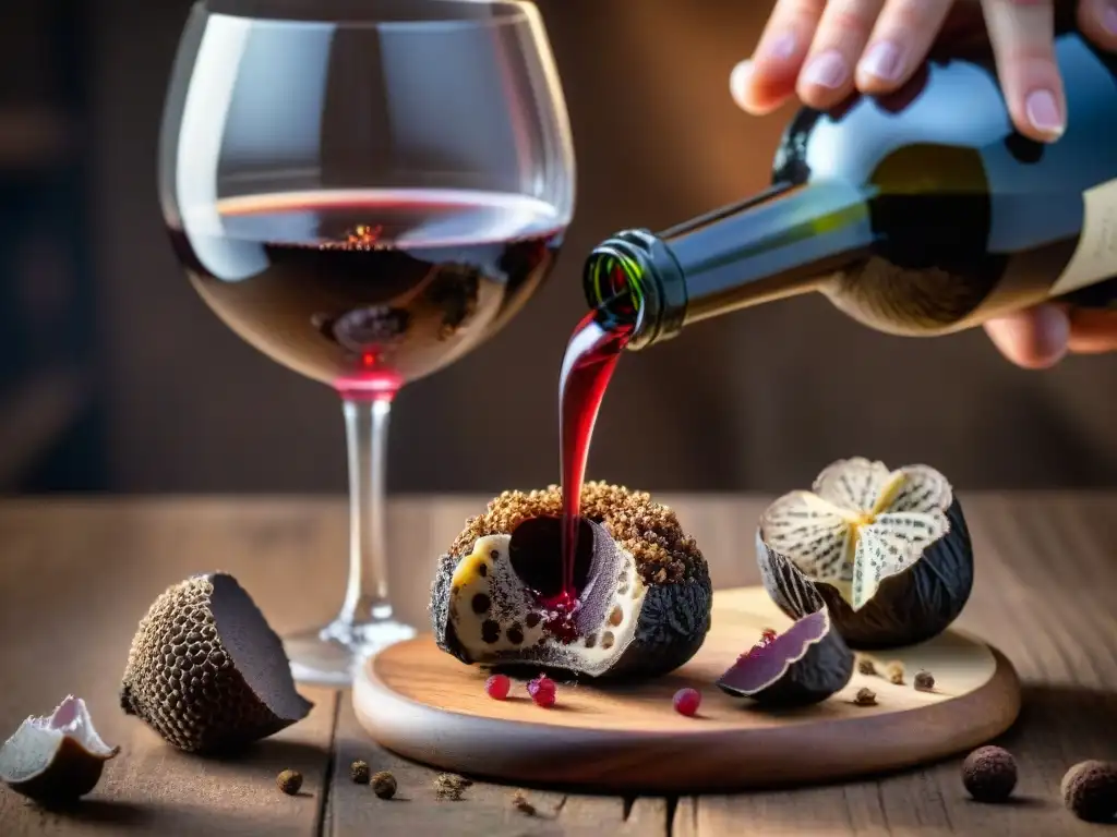 Un sommelier vierte un exquisito vino Bordeaux en una copa cristalina, con trufas y un maridaje perfecto