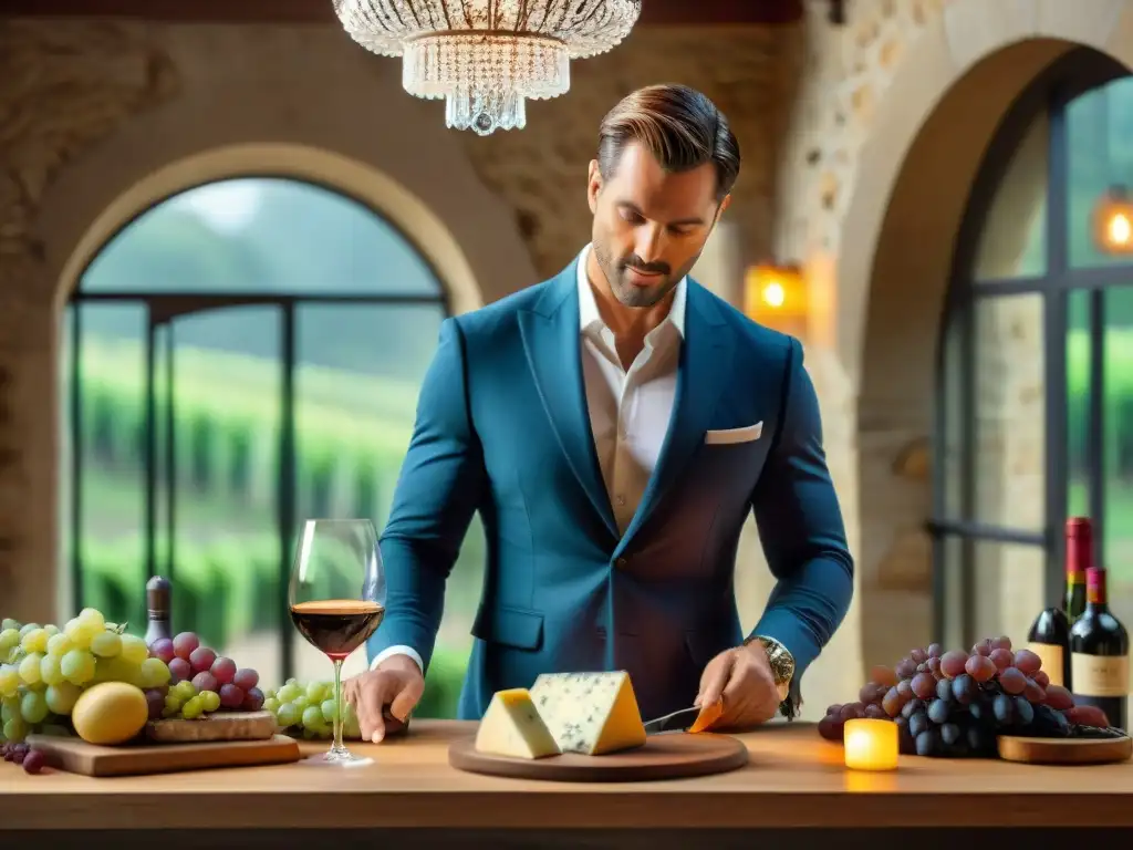 Un sommelier vierte un exquisito vino Bordeaux en una copa cristalina, en una cocina francesa con quesos, baguettes y charcutería